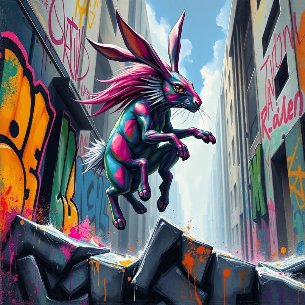 Dynamic Centaur Rabbit in Urban Graffiti Art