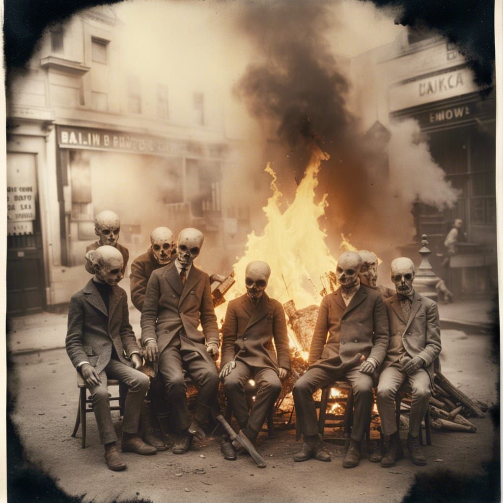 Surreal Mannequins Bonfire in Vintage Polaroid Style
