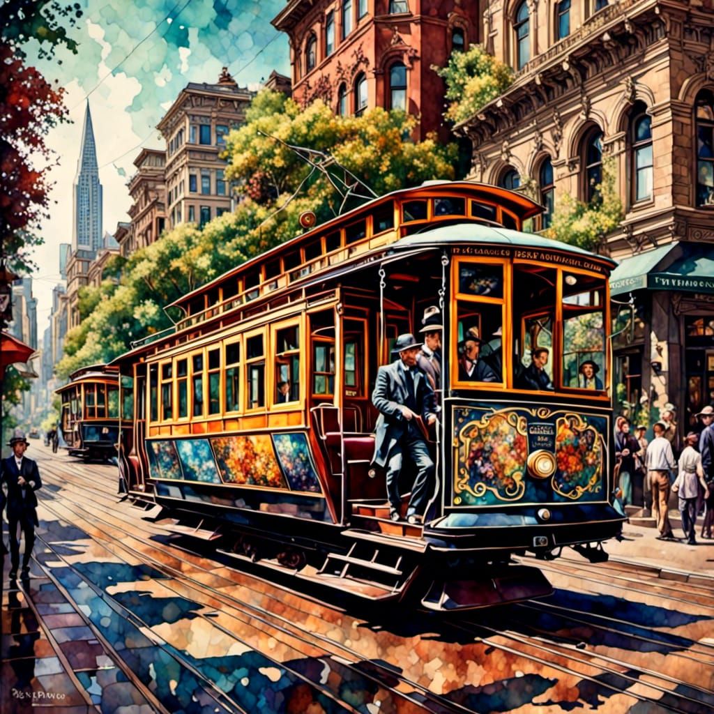 San Francisco Cable Car in Psychedelic Inkwell Style