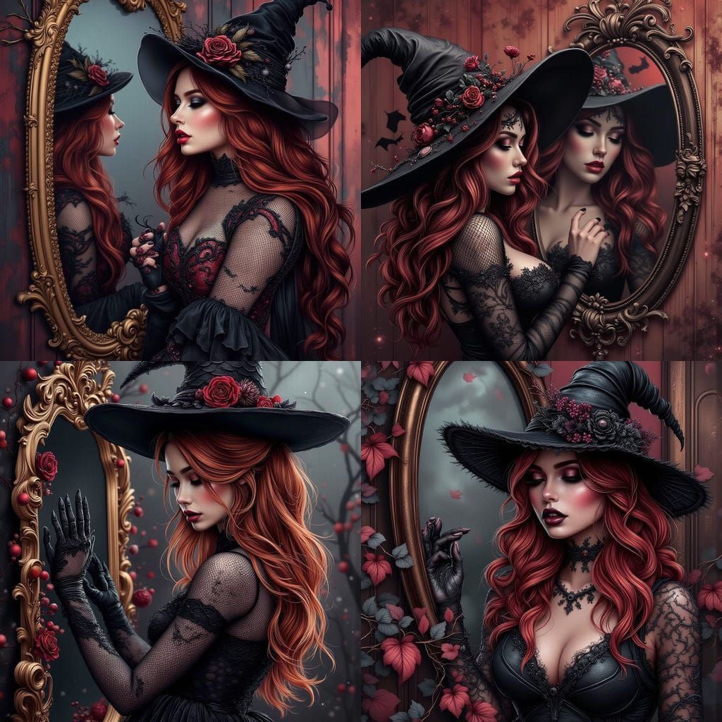 Halloween Witch in Fishnet Outfit Reflected in Mirror