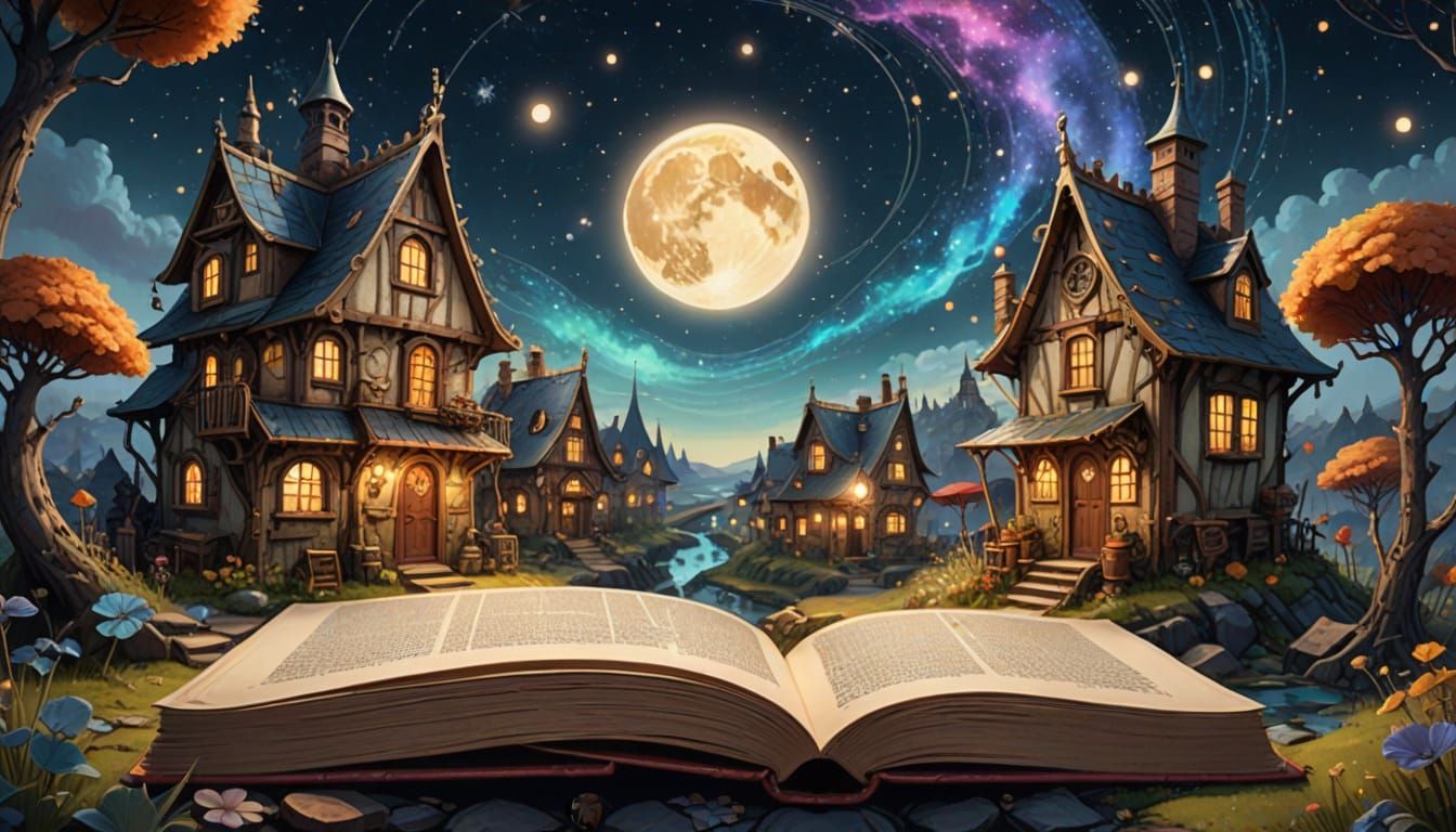 Whimsical Gnome Village Hidden in a Giant Book under Starry ...