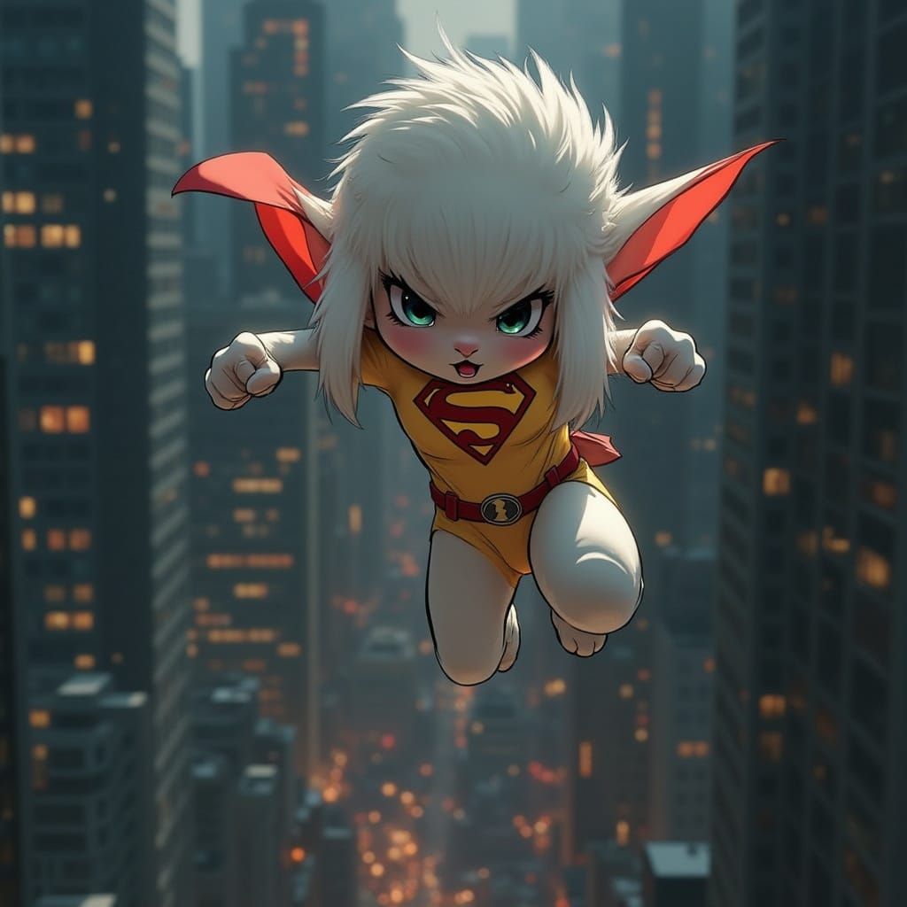 Superhero Bunny Soaring Through Cityscape in Comic Style