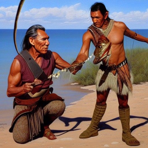 Wes Studi as Magua Catches Fish, Oil Painting