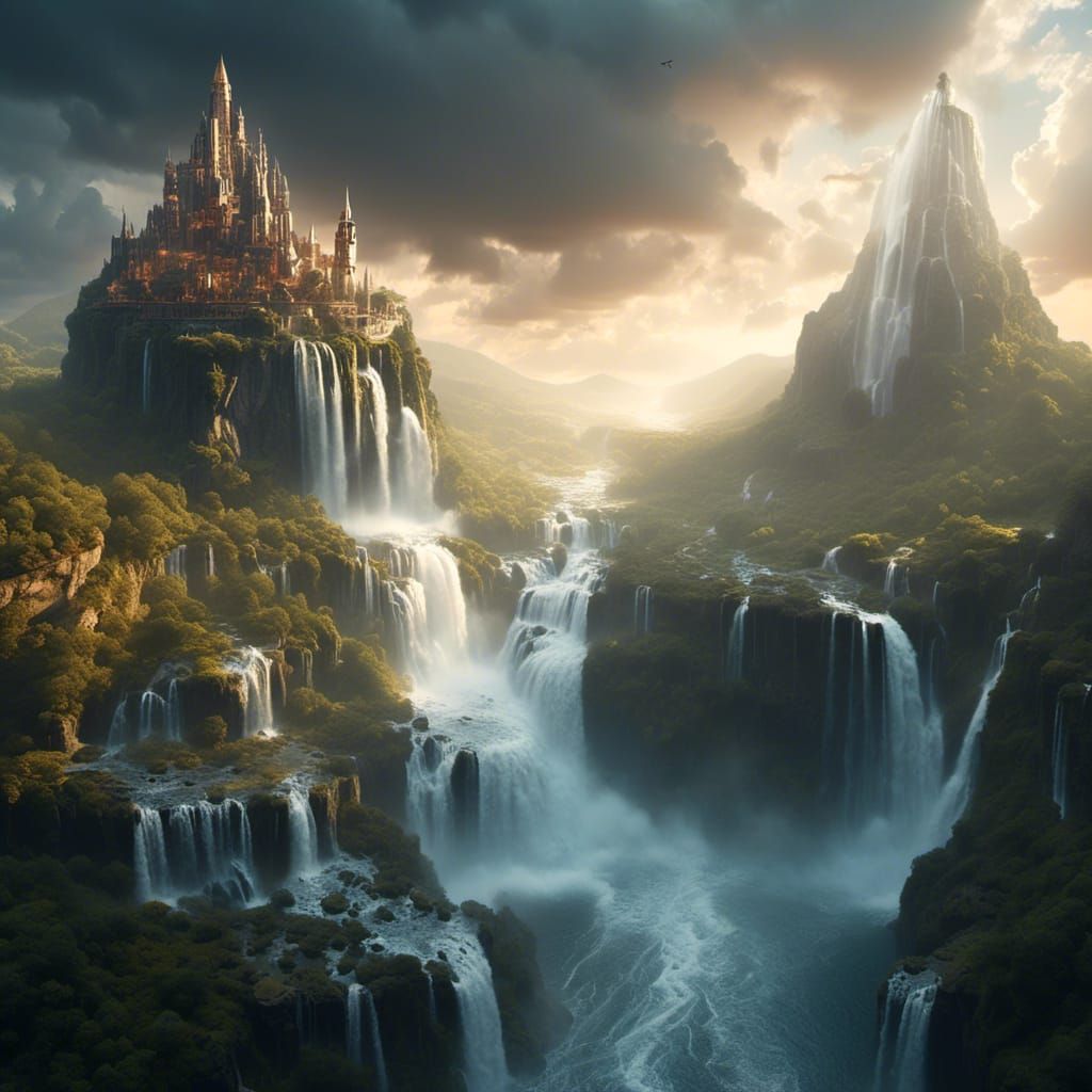 Surreal Castle Atop Giant Waterfall in Magic Realism