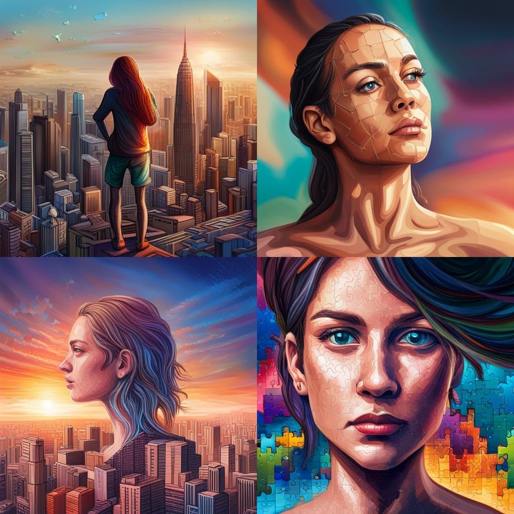 Hyperrealistic Puzzle Woman in Cityscape