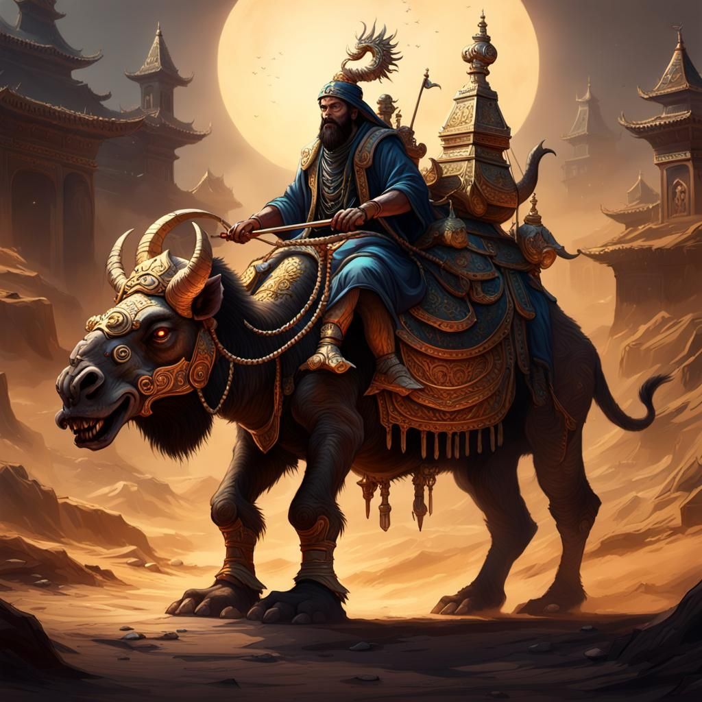 Paimon on Dromedary: Dark Fantasy Concept Art
