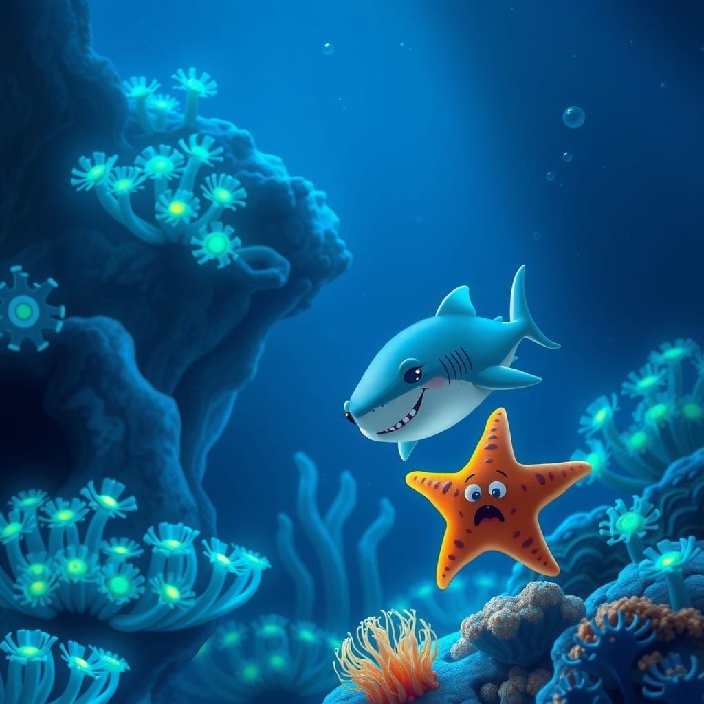 Cute Baby Shark Meets Bewildered Starfish in Bioluminescent ...