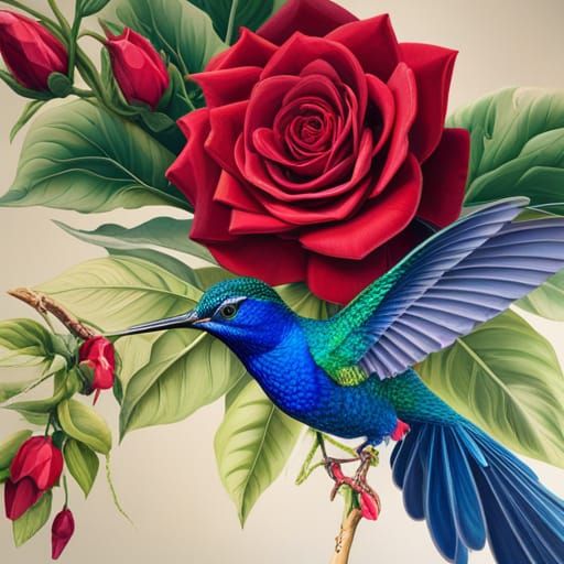 Detailed Hummingbird with Rose in Maximalist Style