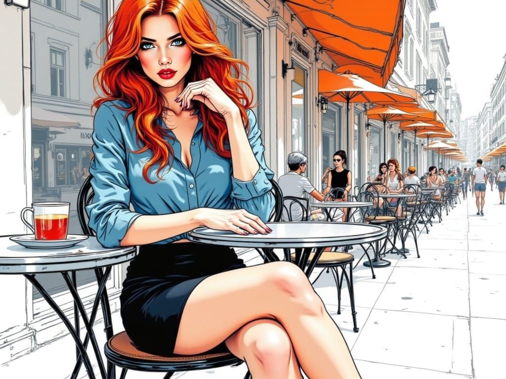 A Chic Woman Sits at a Café in a Vibrant Urban Setting