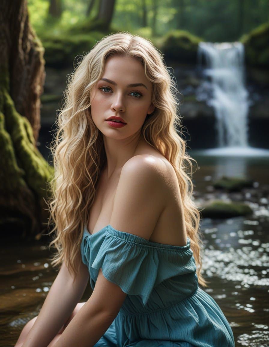 *A full-figure, ultra-realistic 4K portrait of a beautiful woman with long wavy blonde hair, striking blue-green eyes, a...