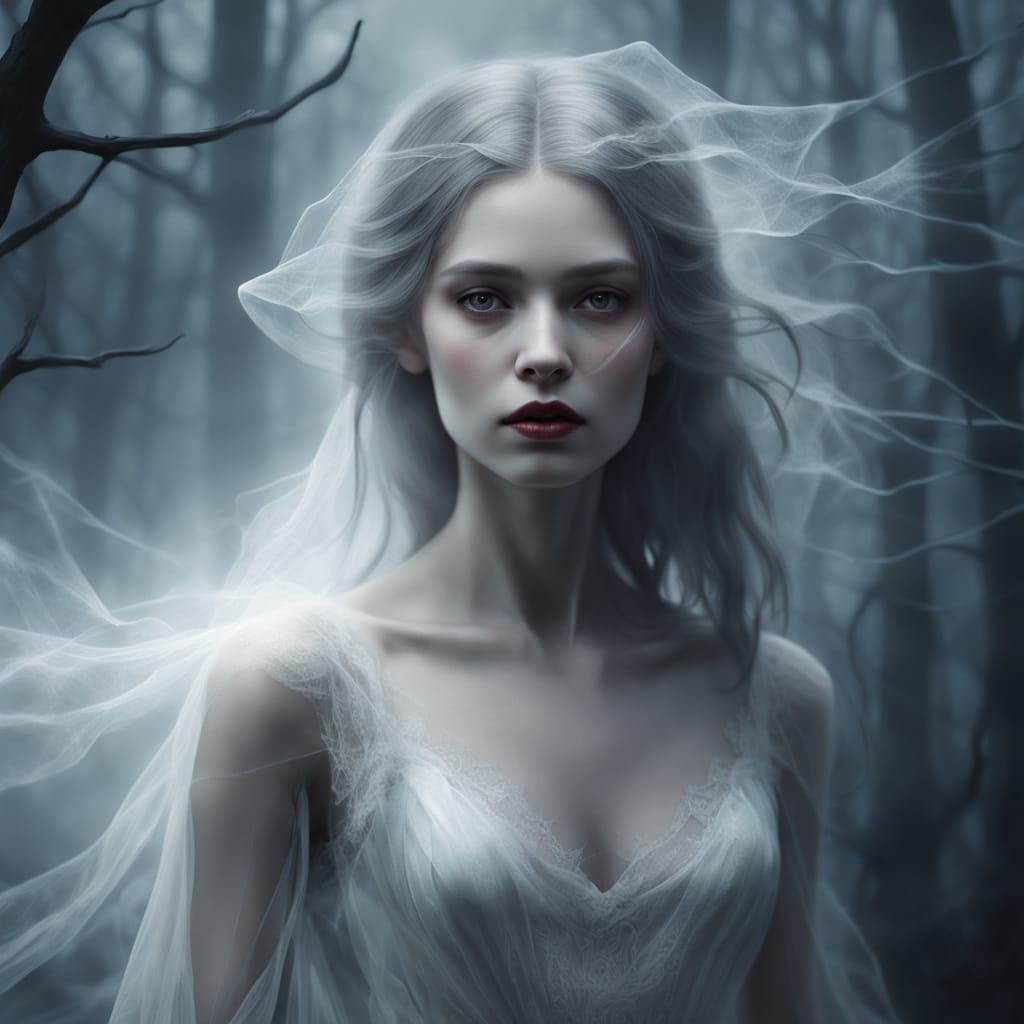 Ethereal Woman in Foggy Forest, Gothic Oil Painting