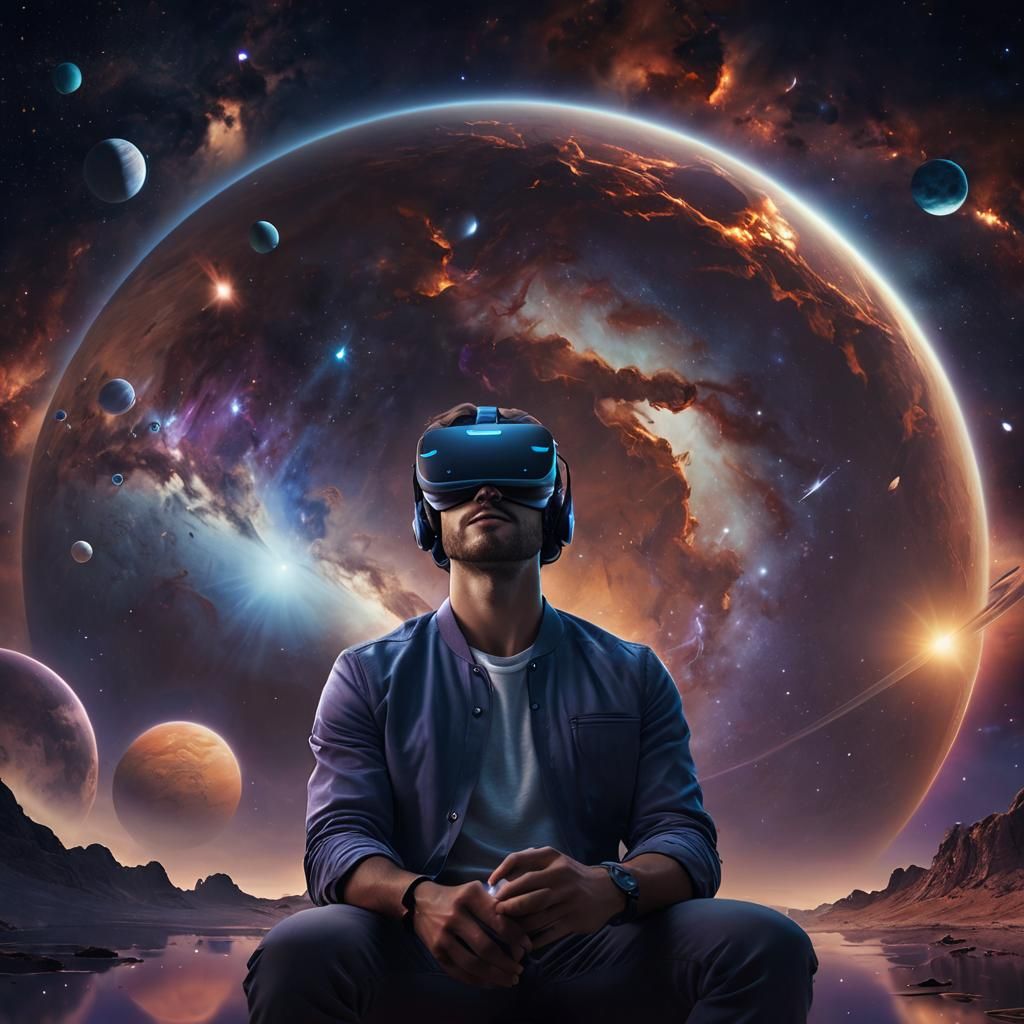 Man in VR Amidst Alien Astro Sky