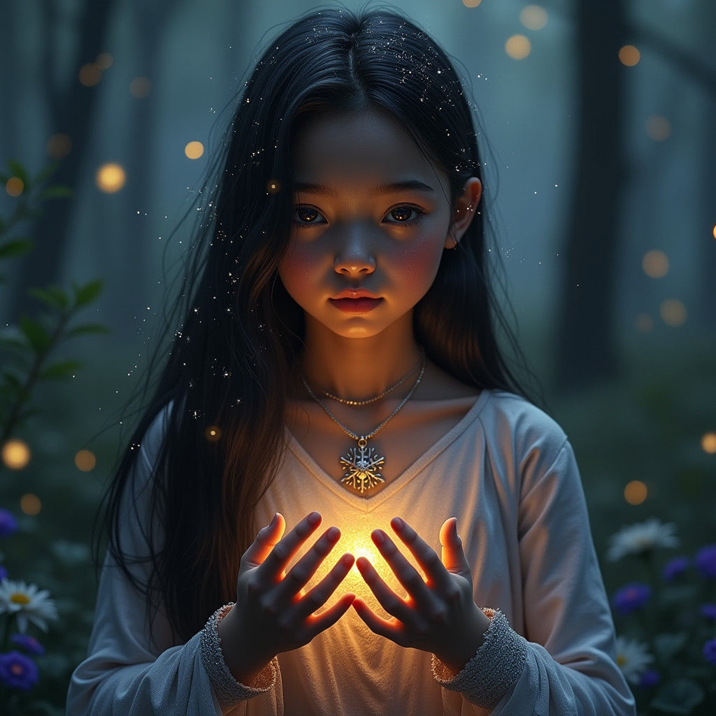 Ethereal Girl Cradling Starlight in Fantasy Style