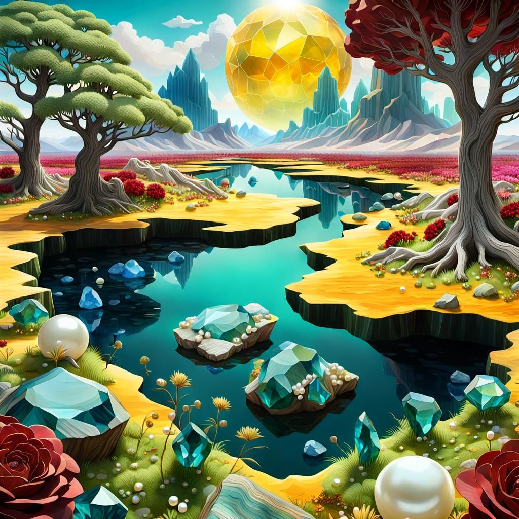 Vibrant Faceted Gemstone Landscape in Hyperrealistic Style