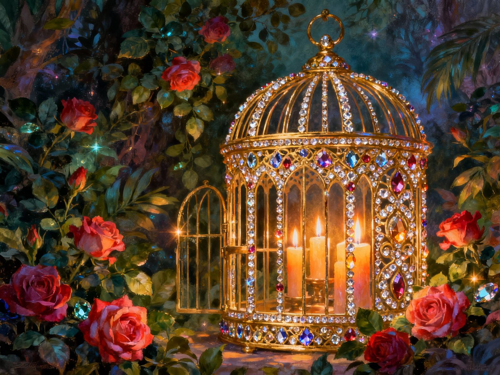 Rose Garden in Gemstone Bird Cage by Candlelight