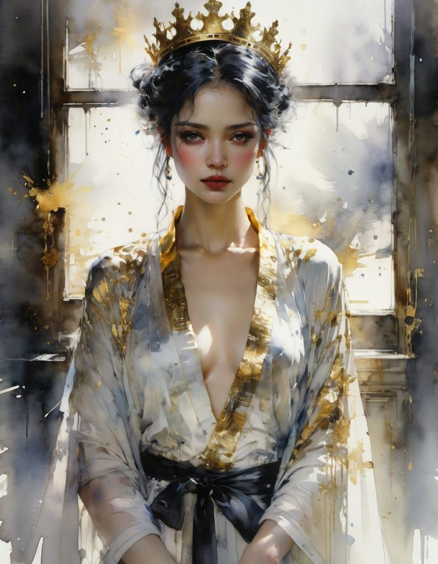 Elegant Queen in Silk Robe with Gold Crown