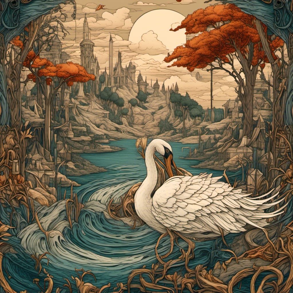 Leda and the Swan in Detailed Matte Painting Style