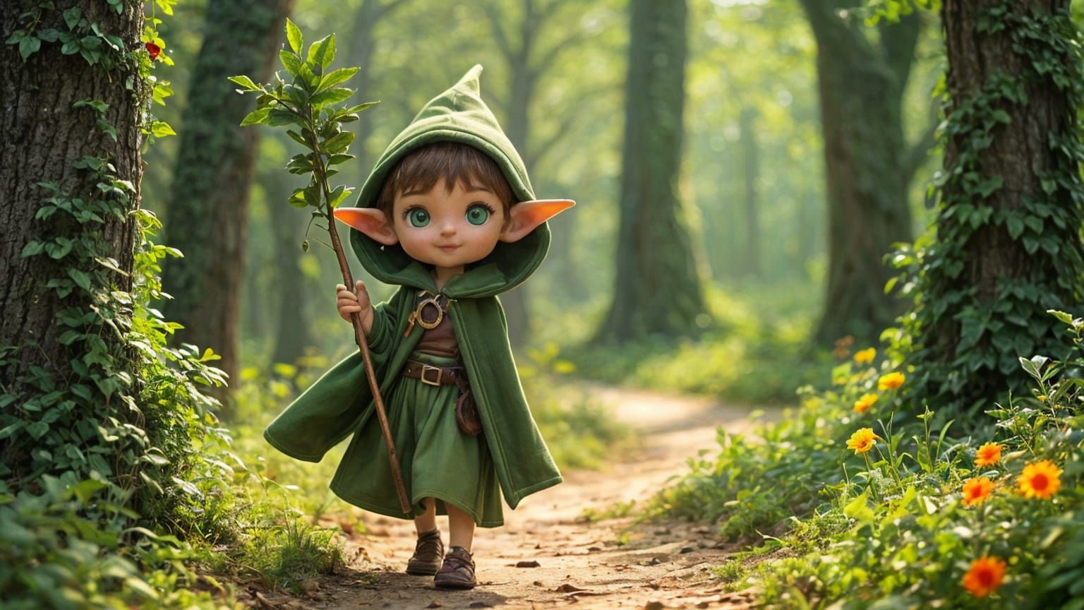 Elf Walking Down a Forest Trail in Whimsical Style