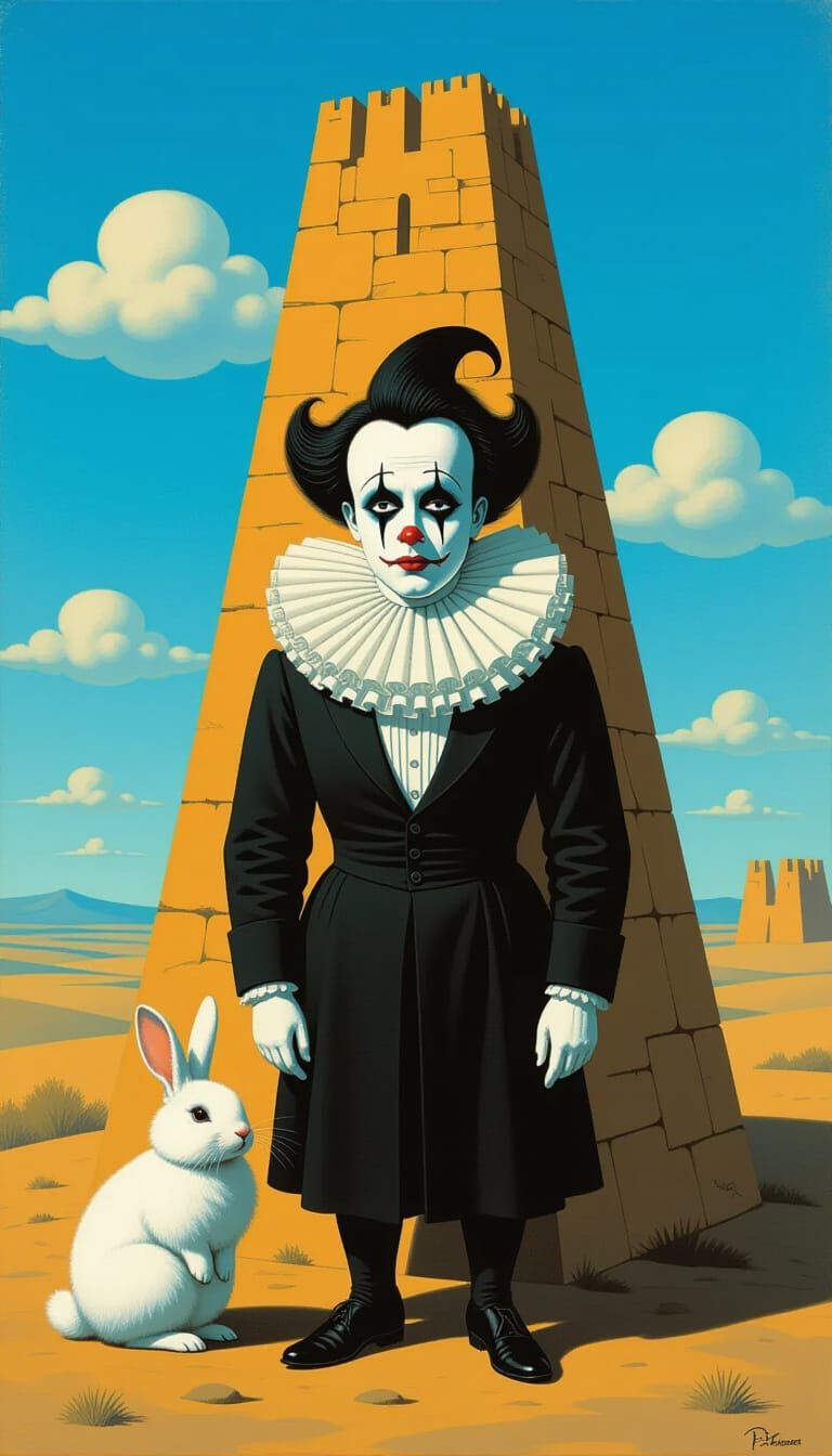Surreal Pierrot Before Mesa in Dreamlike Atmosphere