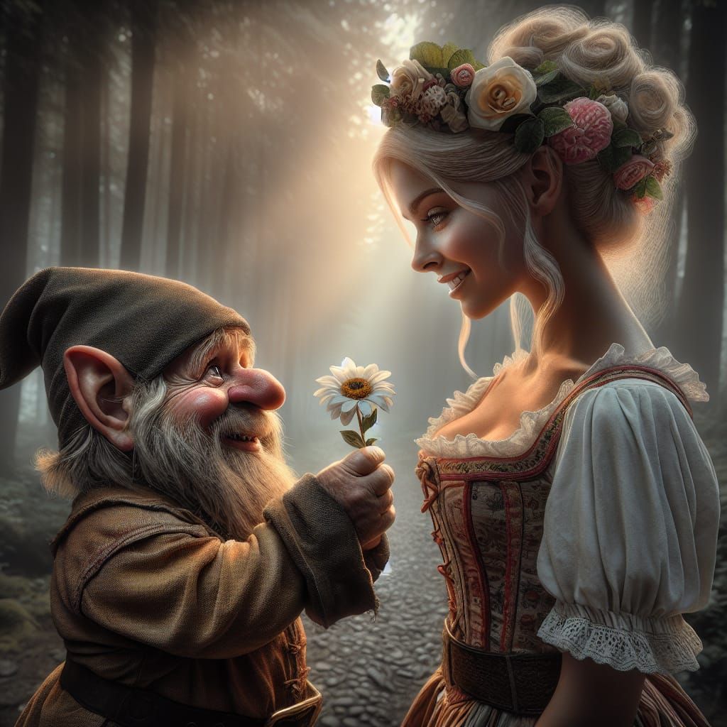 Hyperrealistic Dwarf Offers Flower to Fair Maiden