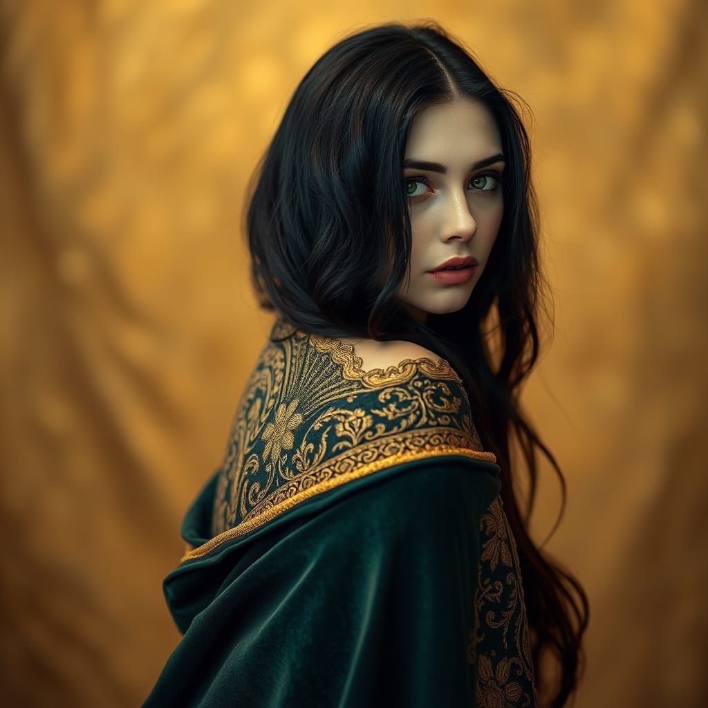 Ethereal Woman in Velvet Cloak, Golden Background
