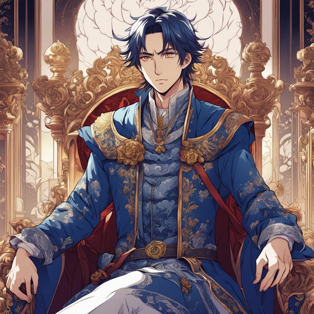 Anime Prince on Lavish Throne in Vibrant, Detailed Portrait