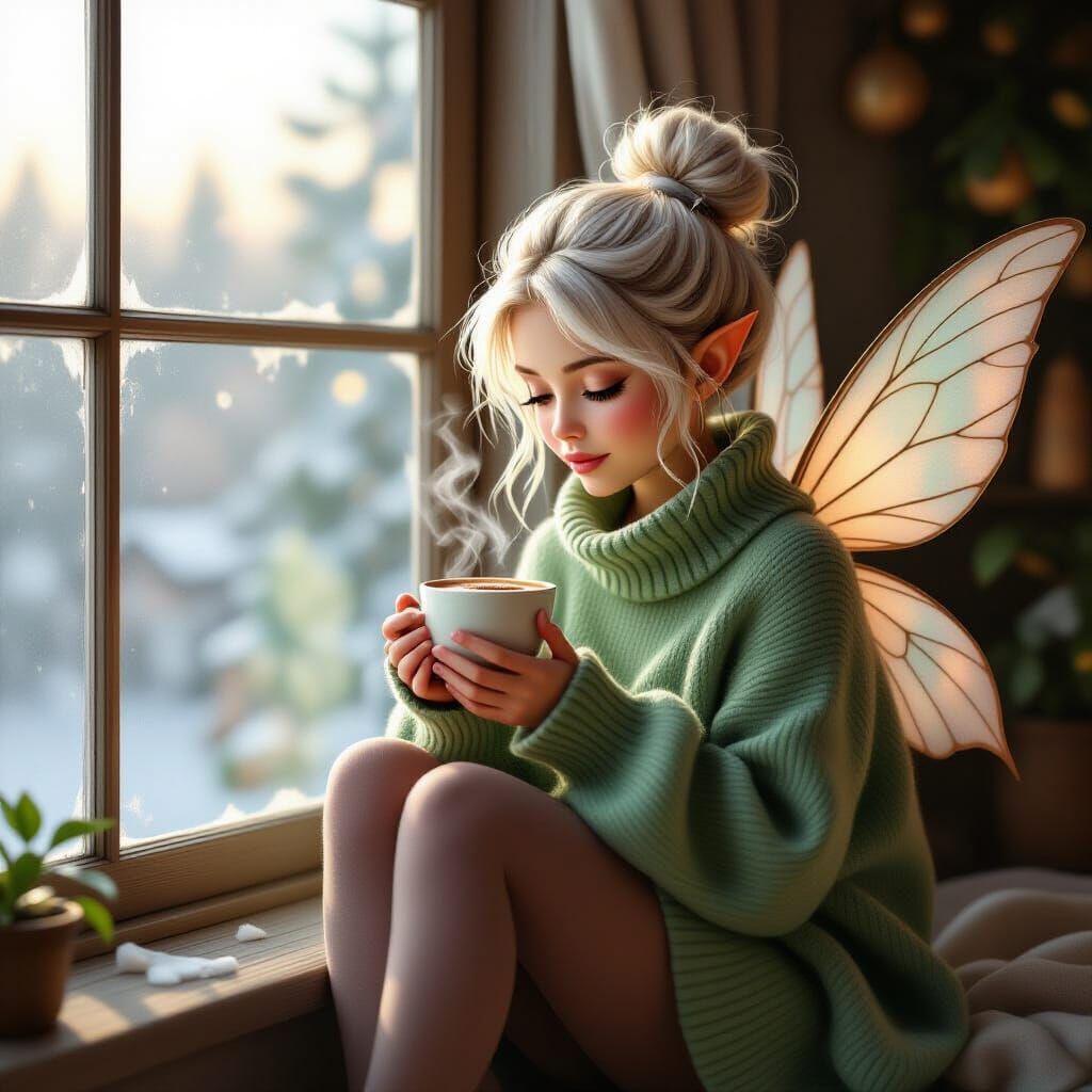 A cute fairy with pale hair in a bun sits by a foggy window ...