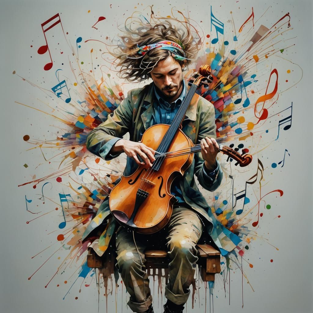 Busker Surrounded by Musical Notes in Watercolor Style