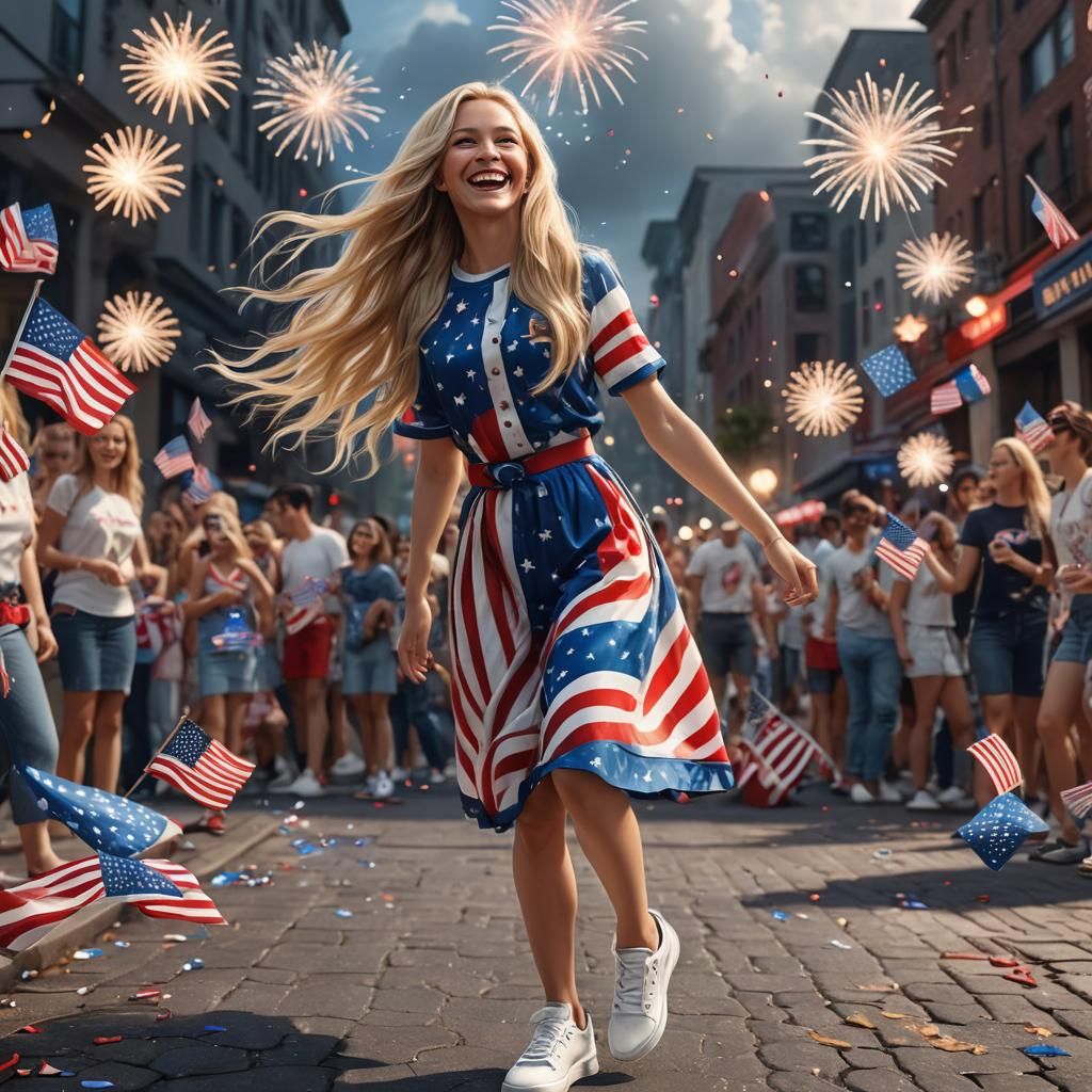 4th of July Celebration with Smiling Blonde Woman