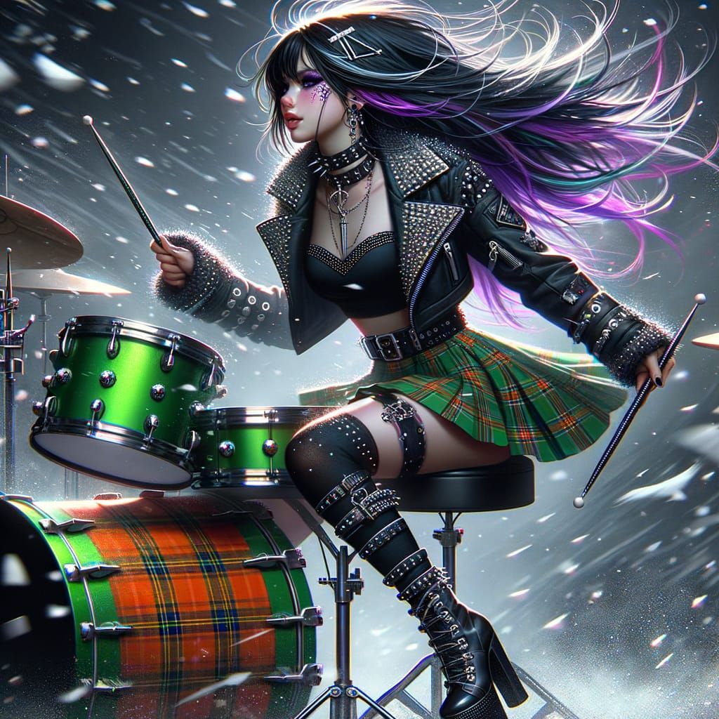 Punk Girl Plays Drums in a Blizzard