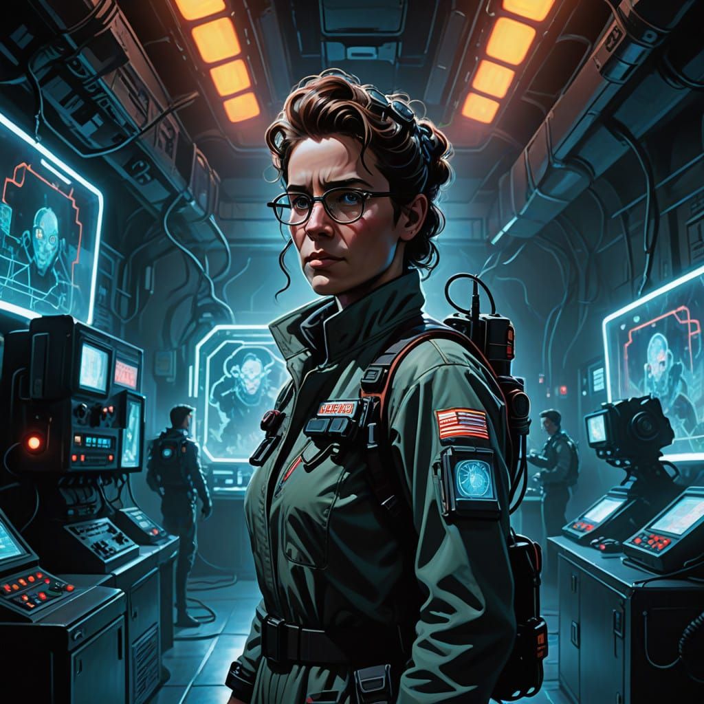 Cyberpunk Command Center Scene in Neon-Noir Style