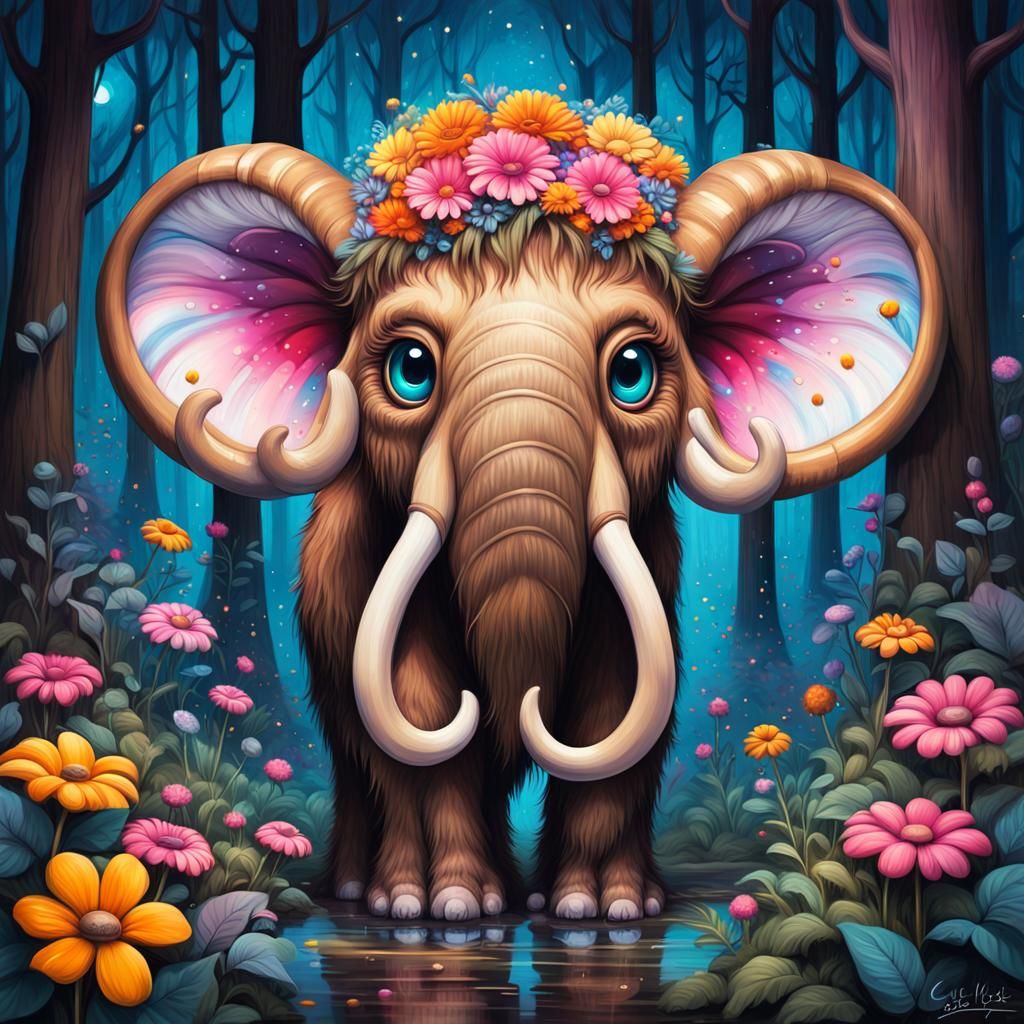 Chibified Mammoth in Enchanted Forest, Graffiti Art Style