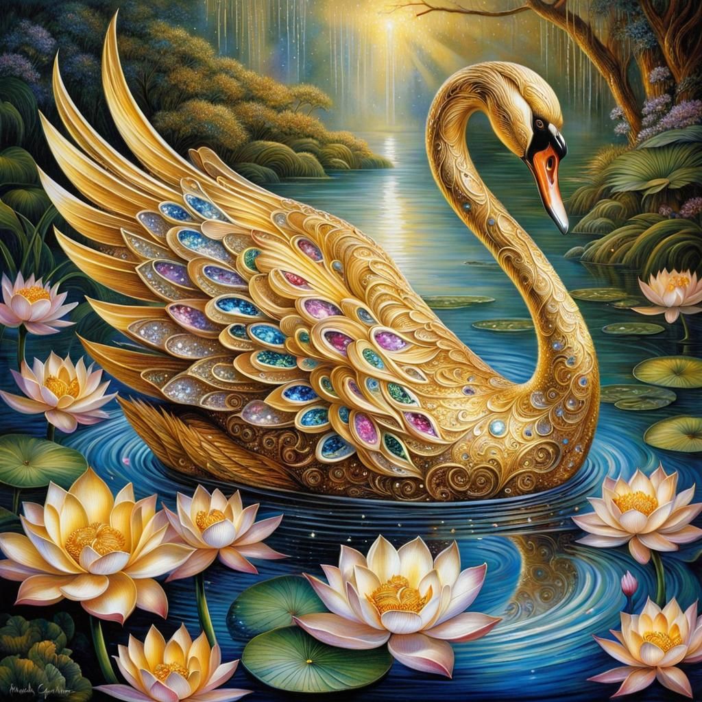 Ornate Golden Swan in Lotus Pond