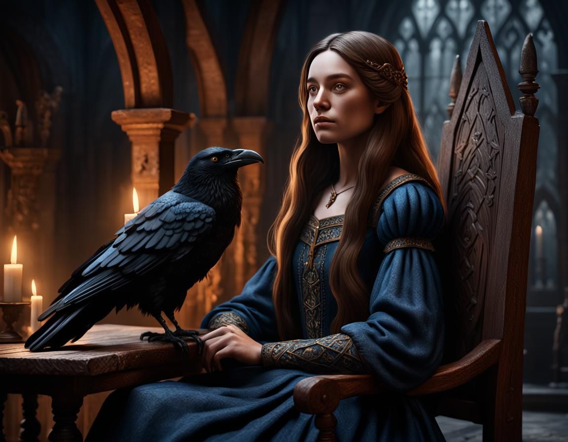 Ravenclaw Woman with Raven in Dark Ambiance