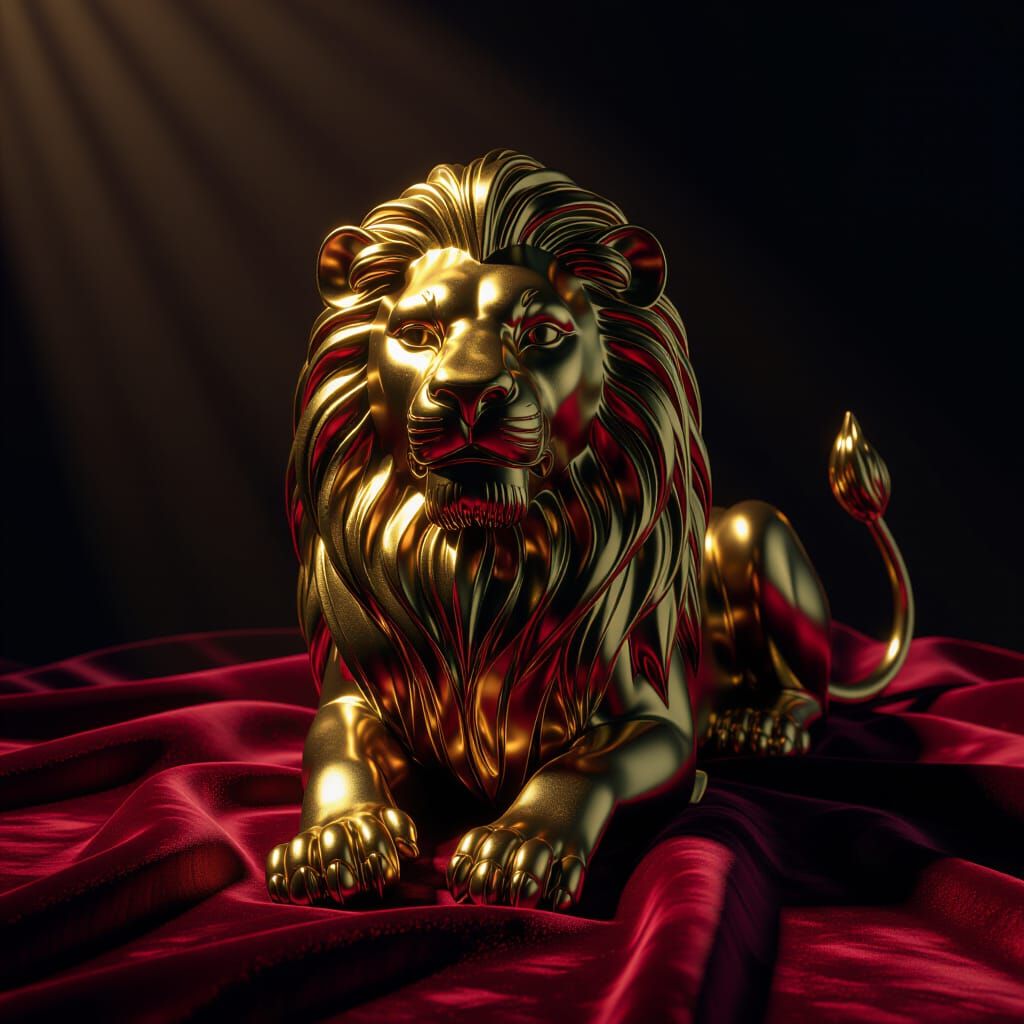 Polished Brass Lion Figurine on Crimson Velvet, Surrealist S...