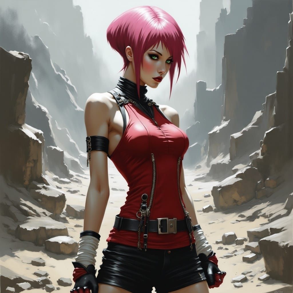 Fierce Pink-Haired Fighter in Battle-Worn Digital Art
