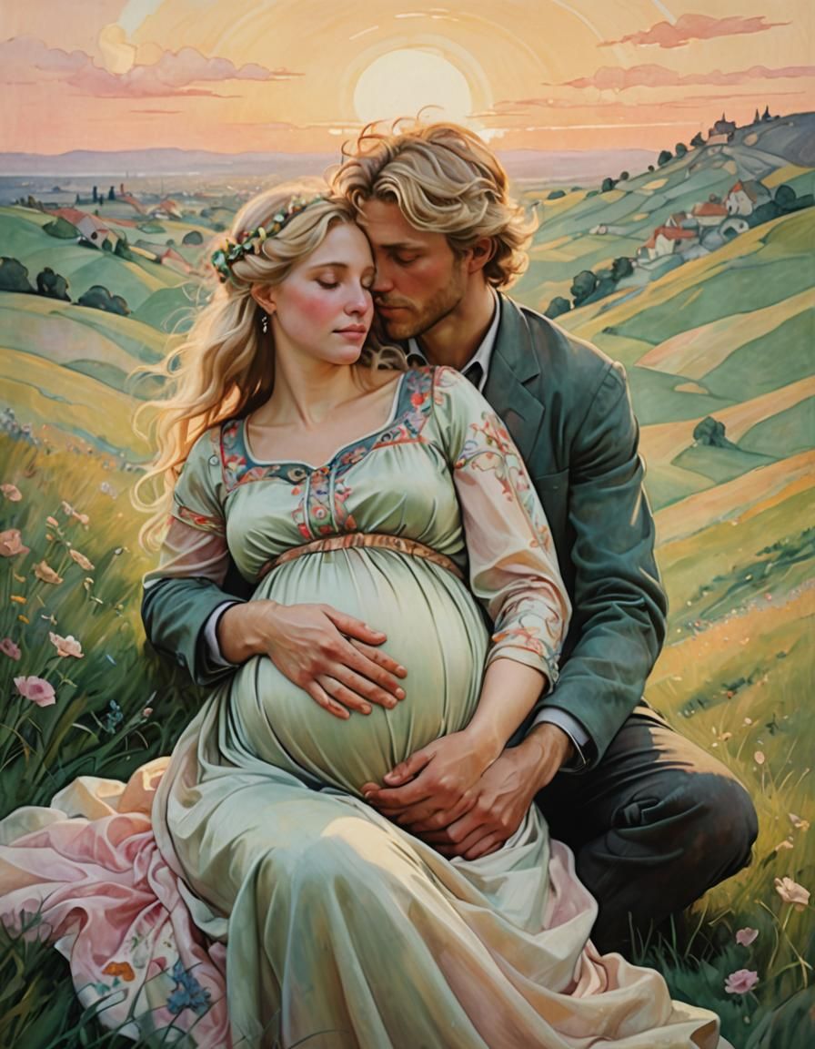 Pregnant Woman Embraced in Art Nouveau Style