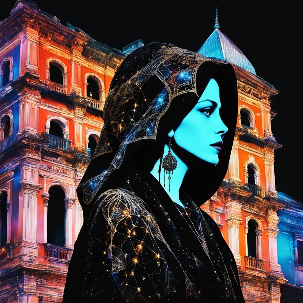 Gothic Italian Sorceress in a Mystical Nighttime Setting
