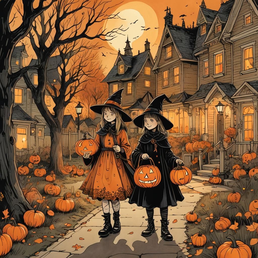 Charming Witch Trick-or-Treating: Nostalgic Autumn Illustrat...