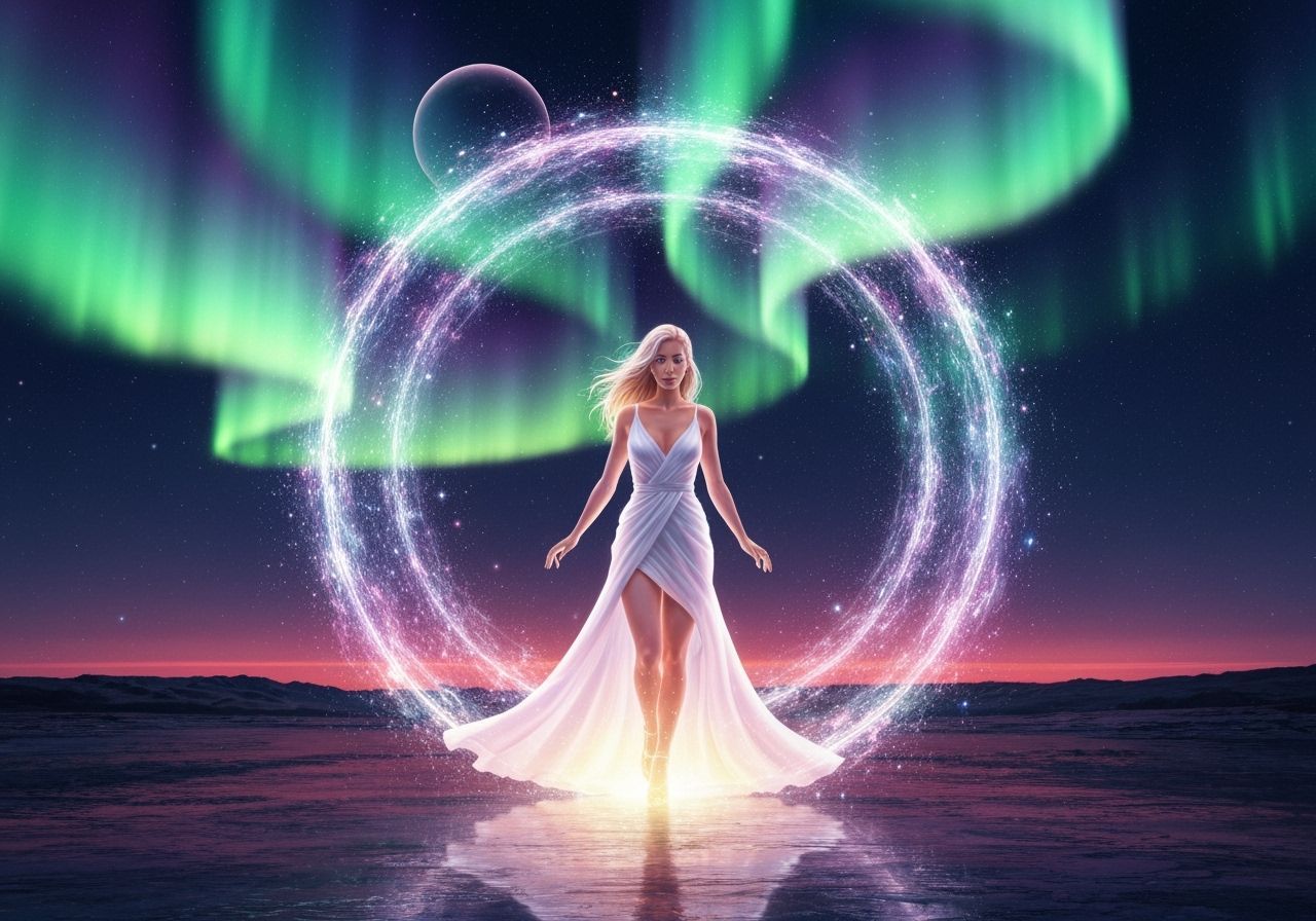 Woman Steps Through Cosmic Portal Under Aurora Lights