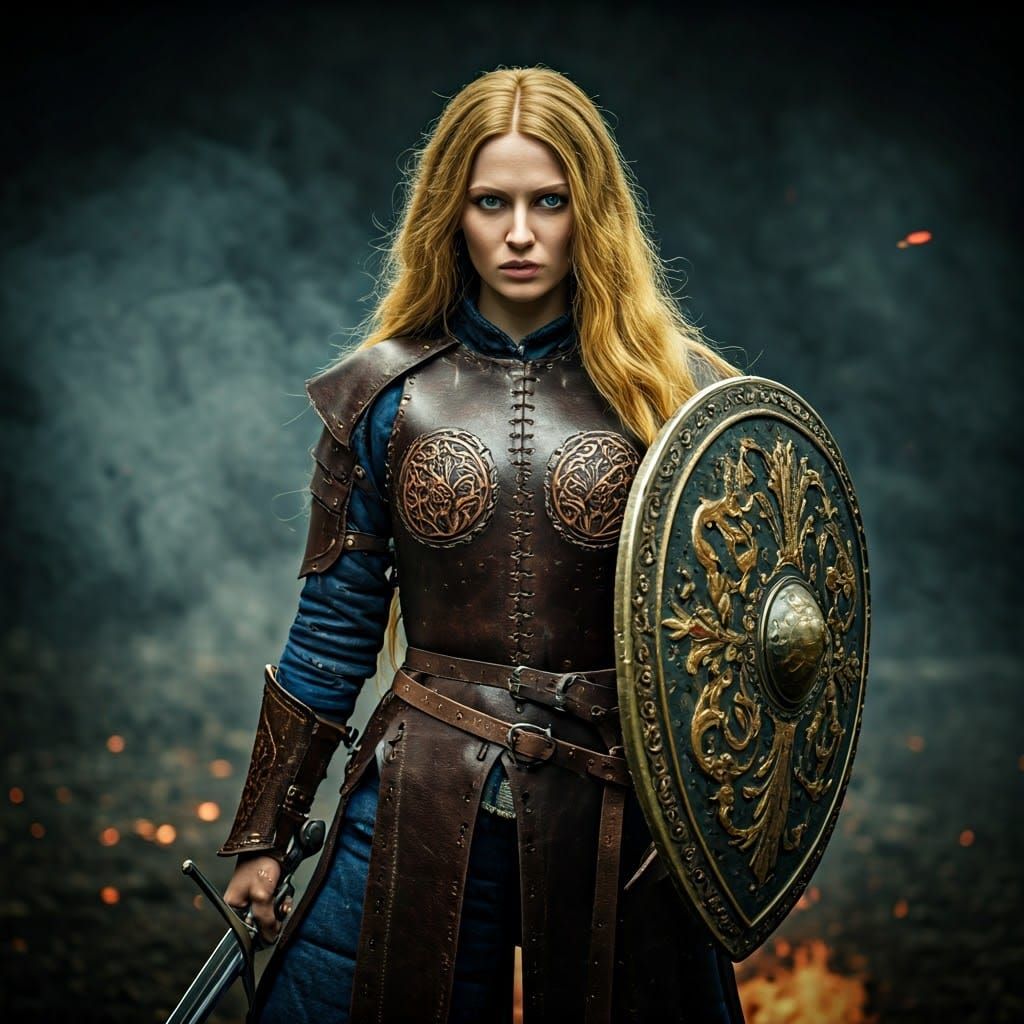 Medieval Female Warrior in Cinematic Film Still Style