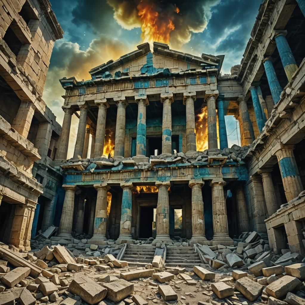 Giant Devouring Burning Greek Temple in Ruin Art Style