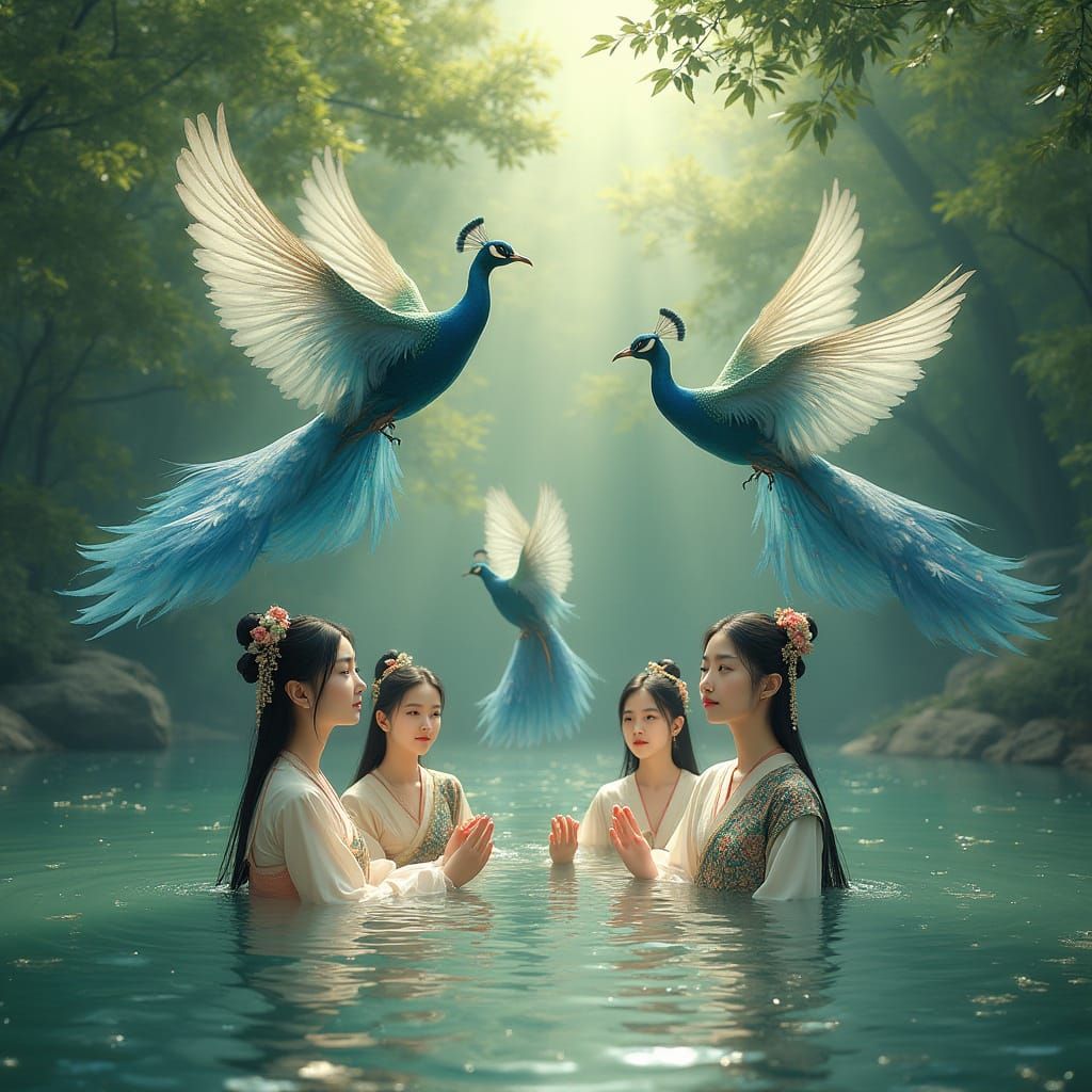 Asian Dai Girls Surrounded by Fantastical Fairy Birds in a S...