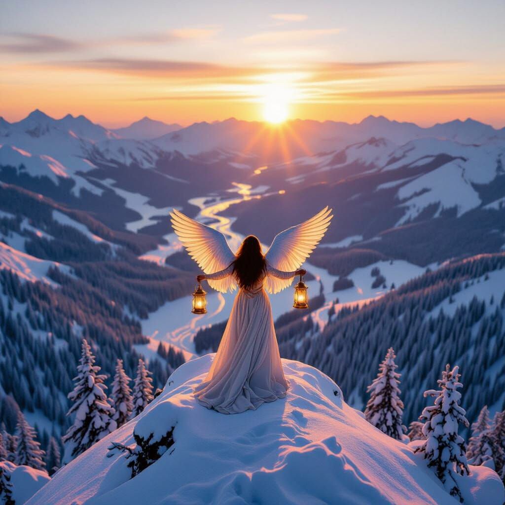 Multi-Ethnic Angel on Snowy Peak at Dawn
