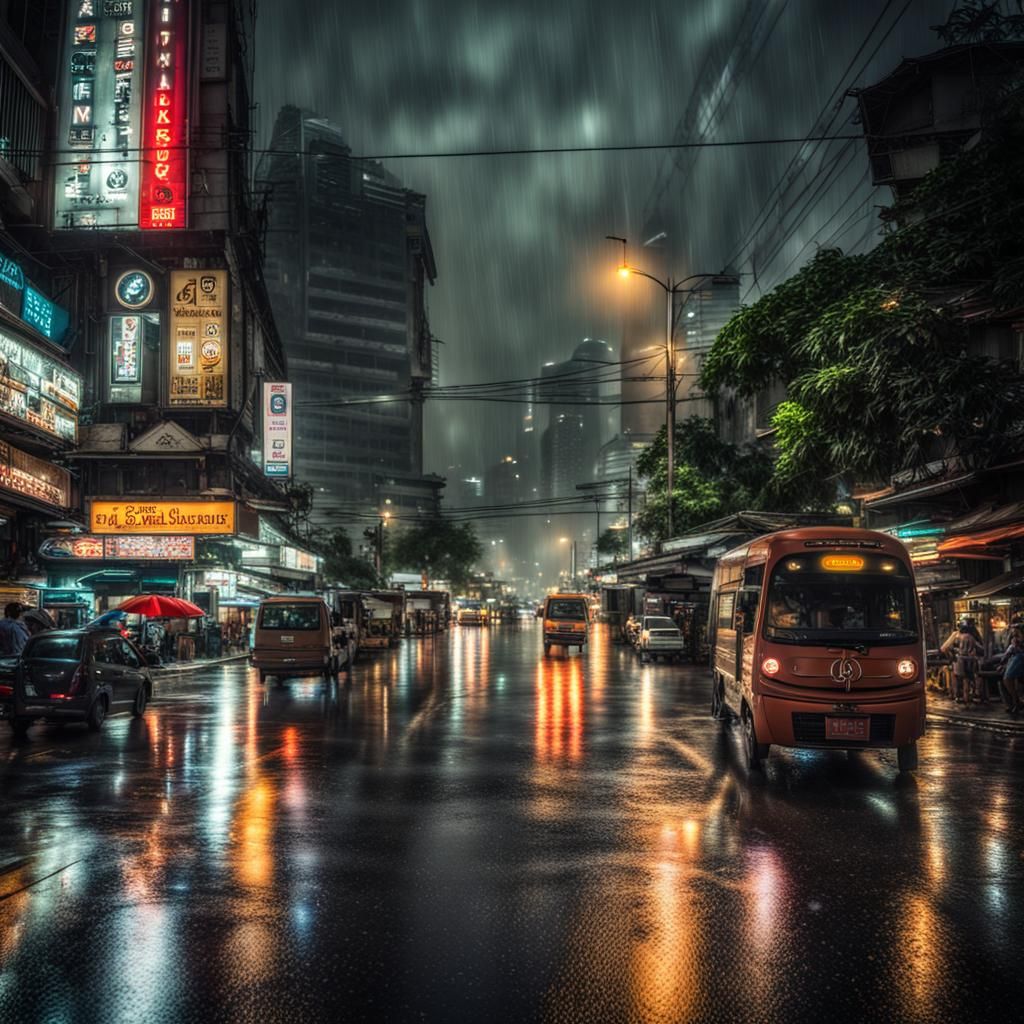 Rainy Night in Bangkok: Hyperrealistic Cinematic Image
