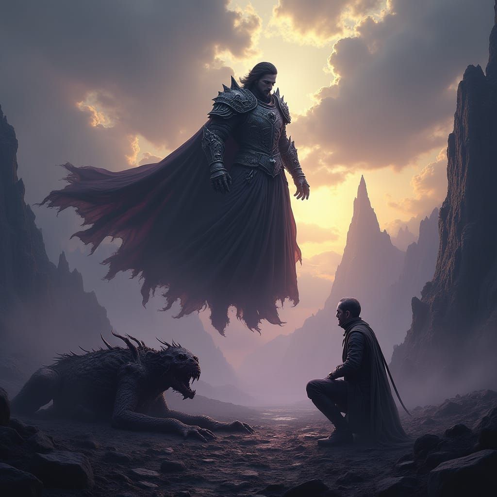 Dark Fantasy Warrior in Epic Digital Art, Floating Above Zom...