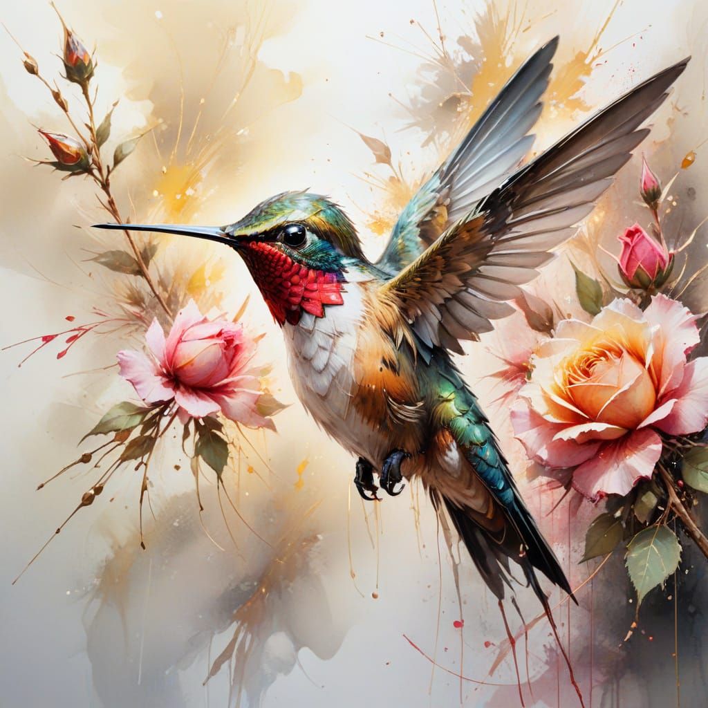 Winter Hummingbird on Summer Rose: Watercolor Art