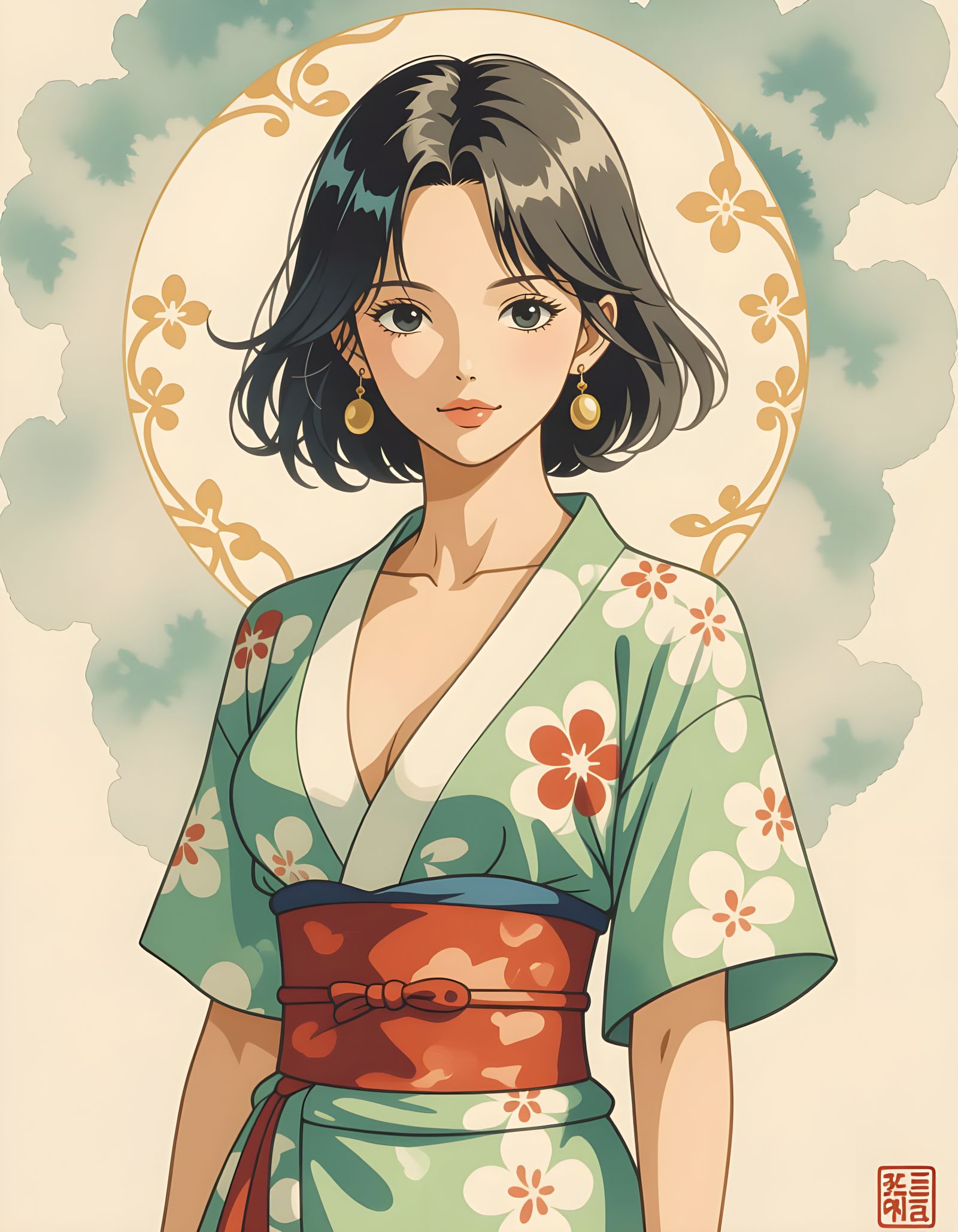 Watercolor Portrait of a Korean Girl in Short Wear