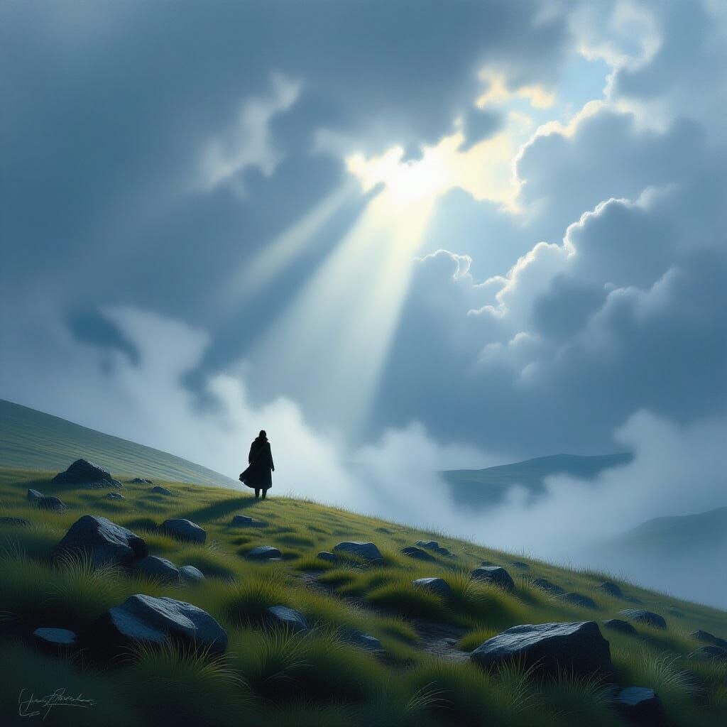 Wanderer Silhouetted Against Stormy Sky in Romantic Landscap...