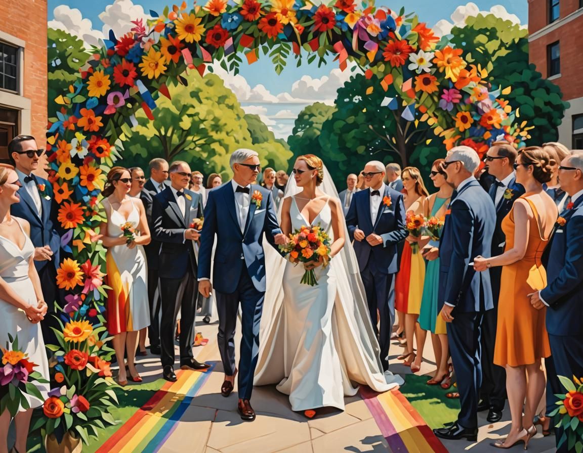Art by Tamara de Lempicka, David Hockney, a vibrant lesbian wedding ceremony under a rainbow floral arch, one bride in a...